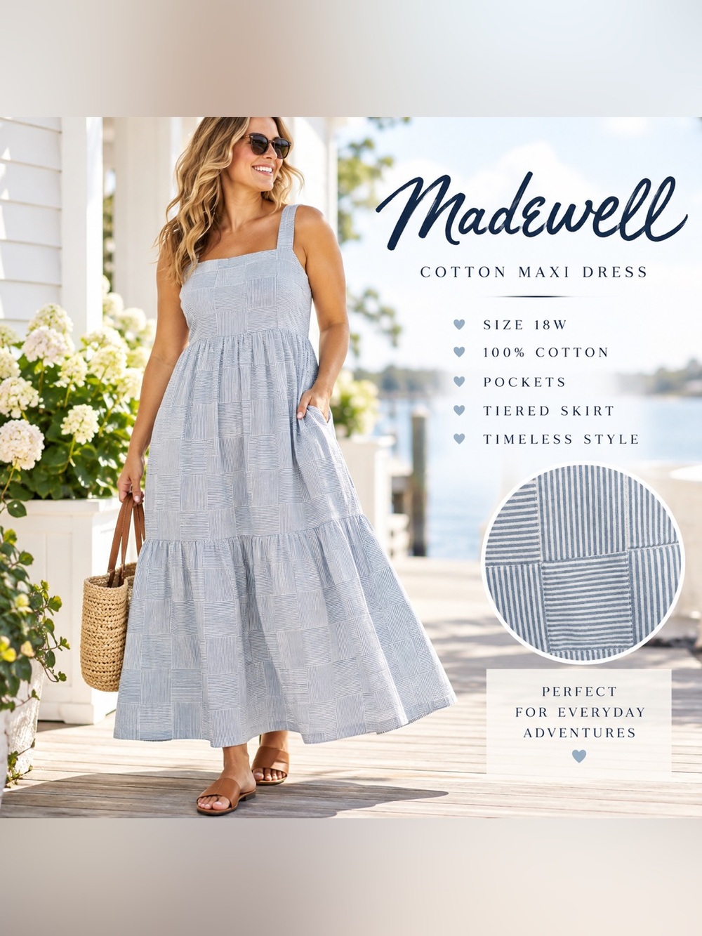 Madewell 18W Blue Stripe Patchwork Cotton Tiered Maxi Dress Pockets Boho